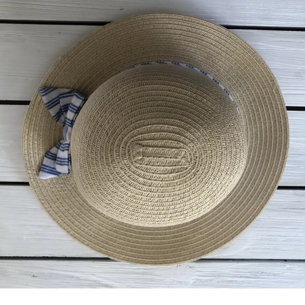 Nwt Gymboree Straw Hat With Bow Blue White Baby